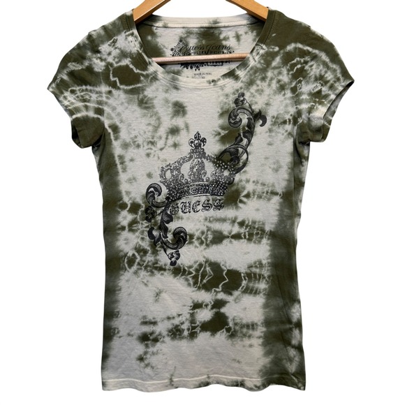Guess Tops - Vintage Guess T-Shirt XS Green Tie Dye Rhinestone Crown Wing Graphic Y2K McBling